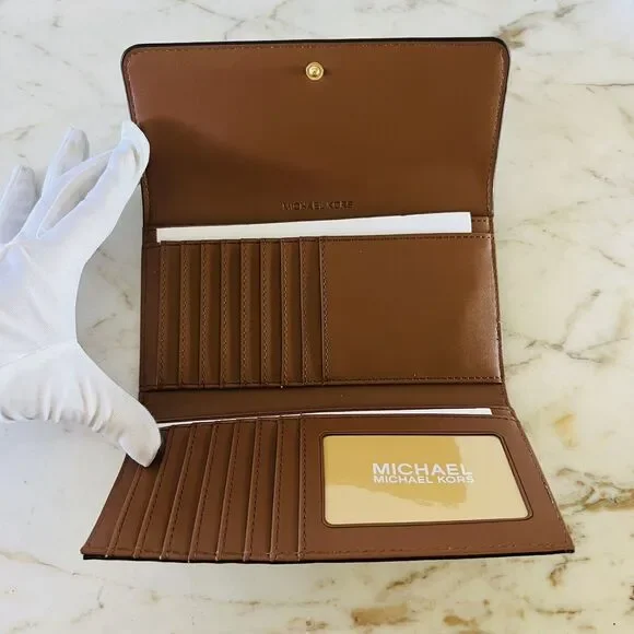 MICHAEL KORS Jet Set Travel Brown Logo Leather Tri-Fold Wallet - Picture 5 of 6